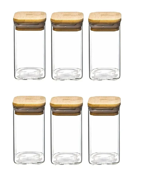 330_ML_(Small_Size)_Borosilicate_Glass_Jars_with_Silcone_Seal_Airtight_Bamboo_Lids_Tea_Container_Clear_Kitchen_Storage_Jar_with_Bamboo_Shelf_Kitchen_Canister_Set,_6_Pieces,_Clear