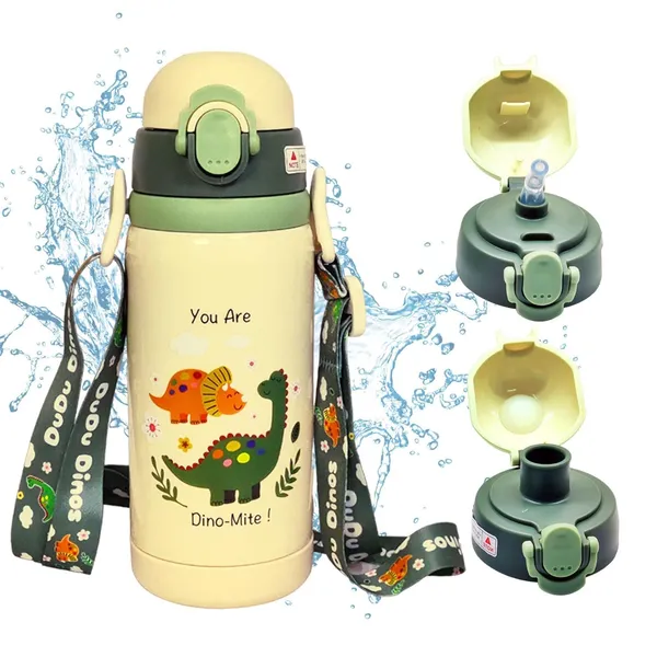 Cute_Dino_Theme_Hot_&_Cold_Vacuum_Insulated_Water_Bottle_for_Kids,_Double_Wall_Water_Bottle_with_Dual_Sipper_and_Wide_Mouth_lid_School_Bottle_for_Kids_Boys_Girls,_Green