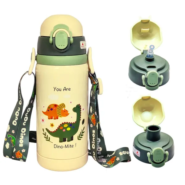 Cute_Dino_Theme_Hot_&_Cold_Vacuum_Insulated_Water_Bottle_for_Kids,_Double_Wall_Water_Bottle_with_Dual_Sipper_and_Wide_Mouth_lid_School_Bottle_for_Kids_Boys_Girls,_Green