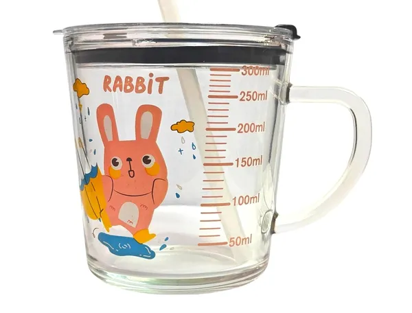 300_ML_Glass_Rabbit_Print_Milk_Sipper_Mug_Jar_with_Silicone_Straw_and_Airtight_Leakproof_Lid_-_Measuring_Scale_Drinking_Cup_for_Kids_Boys_and_Girls_Perfect_for_Milk,Juice,Coffee