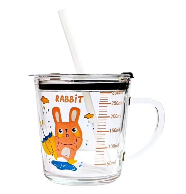 300_ML_Glass_Rabbit_Print_Milk_Sipper_Mug_Jar_with_Silicone_Straw_and_Airtight_Leakproof_Lid_-_Measuring_Scale_Drinking_Cup_for_Kids_Boys_and_Girls_Perfect_for_Milk,Juice,Coffee