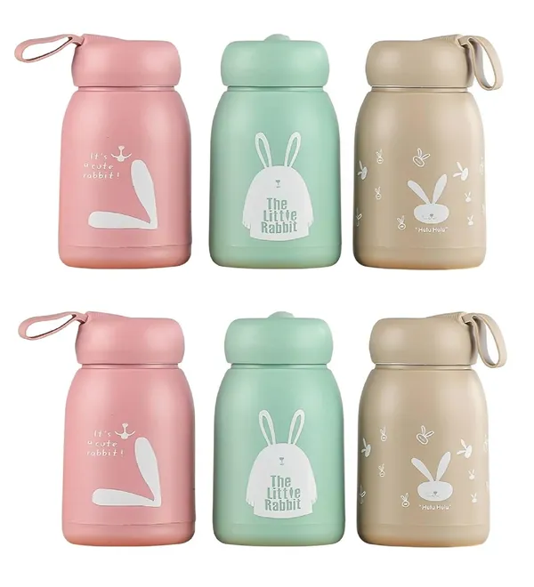 TipToe�_Pack_of_6,_330_ML_PP_Covered_Glass_Bottle_with_Thermal_Heat_Proof_Sleeve_Leak_Proof_Bottle_Mug_for_Kids_Travel_Cup_Birthday_Return_Gift_for_Kids_Cute_Rabbit_Theme,_Multicolor