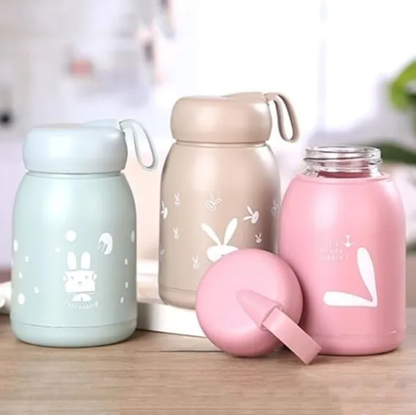 TipToe�_Pack_of_3,_330_ML_PP_Covered_Glass_Bottle_with_Thermal_Heat_Proof_Sleeve_Leak_Proof_Bottle_Mug_for_Kids_Travel_Cup_Birthday_Return_Gift_for_Kids_Cute_Rabbit_Theme,_Multicolor