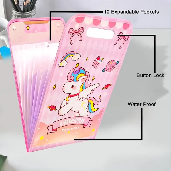 Cute_Unicorn_Theme_A4_Size_File_Folder_with_Button_Lock_and_Handle,_Certificates_Document_Holder_with_12_Pockets_Sections_Expandable_Folders_Gift_for_Girls_(Pack_of_1),_Pink