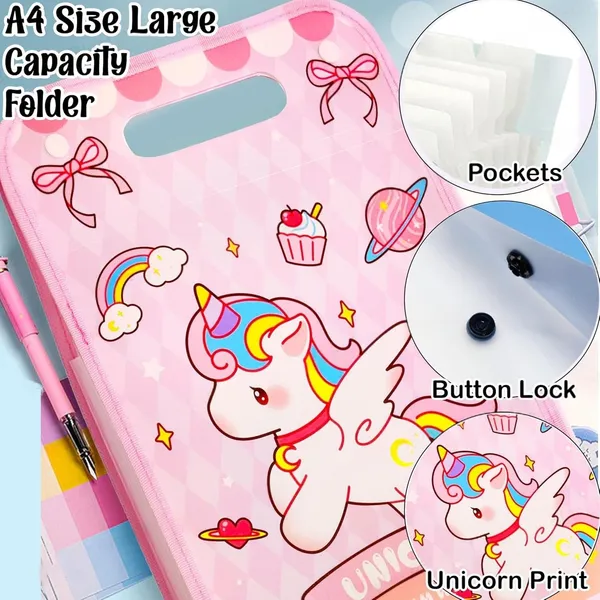 Cute_Unicorn_Theme_A4_Size_File_Folder_with_Button_Lock_and_Handle,_Certificates_Document_Holder_with_12_Pockets_Sections_Expandable_Folders_Gift_for_Girls_(Pack_of_1),_Pink