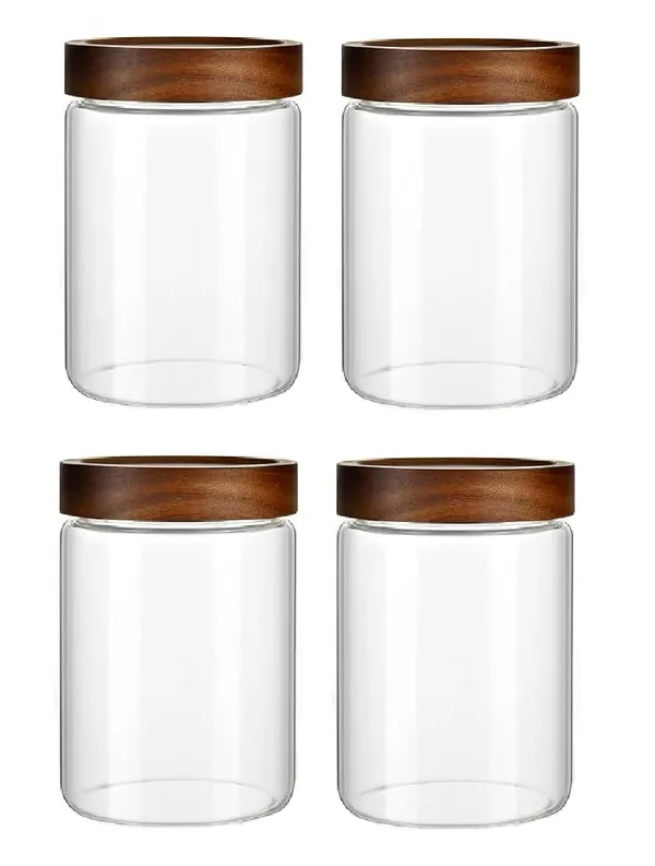 850_ML_Airtight_Borosilicate_Glass_Kitchen_Storage_Round_Jars_Container_With_Screw_On_Wooden_Air_Tight_Lid,_Cookie_Jar_Canister_Set,_4_Pieces