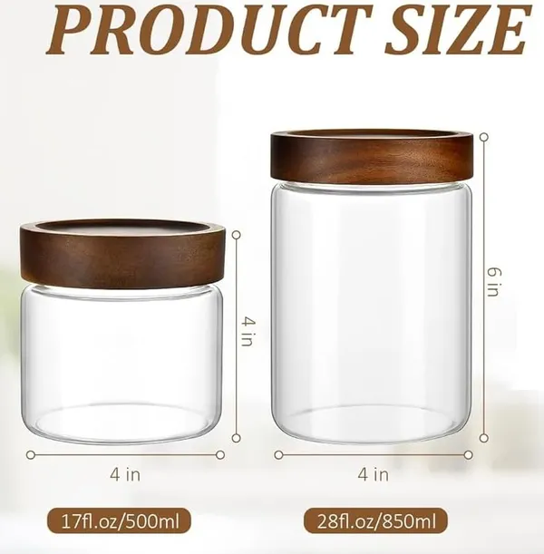 850_ML_&_550_ML_Airtight_Borosilicate_Glass_Kitchen_Storage_Round_Jars_Container_With_Screw_On_Wooden_Air_Tight_Lid,_Cookie_Jar_Canister_Set,_2_Pieces