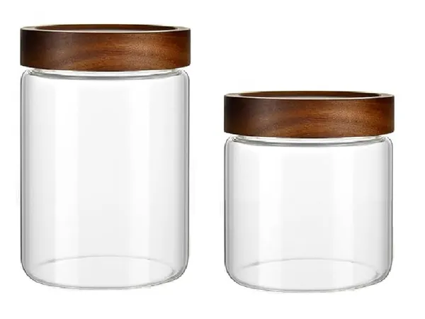 850_ML_&_550_ML_Airtight_Borosilicate_Glass_Kitchen_Storage_Round_Jars_Container_With_Screw_On_Wooden_Air_Tight_Lid,_Cookie_Jar_Canister_Set,_2_Pieces