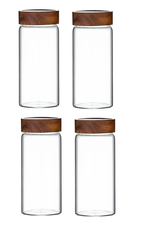 Pack_of_4,_400_ML_Sleek_Borosilicate_Glass_Kitchen_Storage_Round_Container_6_Inch_Glass_Airtight_Cereal_Tea_Coffee_Jars_With_Screw_On_Wooden_Air_Tight_Lid,_Canister_Set