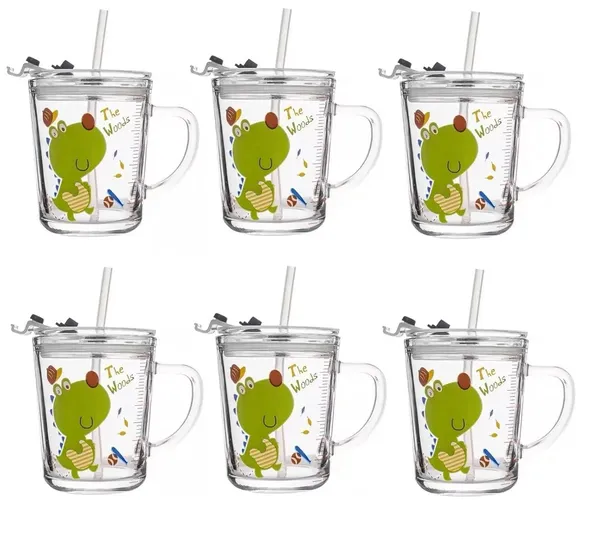 Tiptoe�_Pack_of_6,_Cute_Dino_Print_Milk_Sipper_Mug_Jar_with_Silicone_Straw_and_Airtight_Leakproof_Lid_-_Measuring_Scale_Birthday_Return_Gift_for_Kids_Boys_and_Girls_Perfect_for_Milk,Juice,Coffee