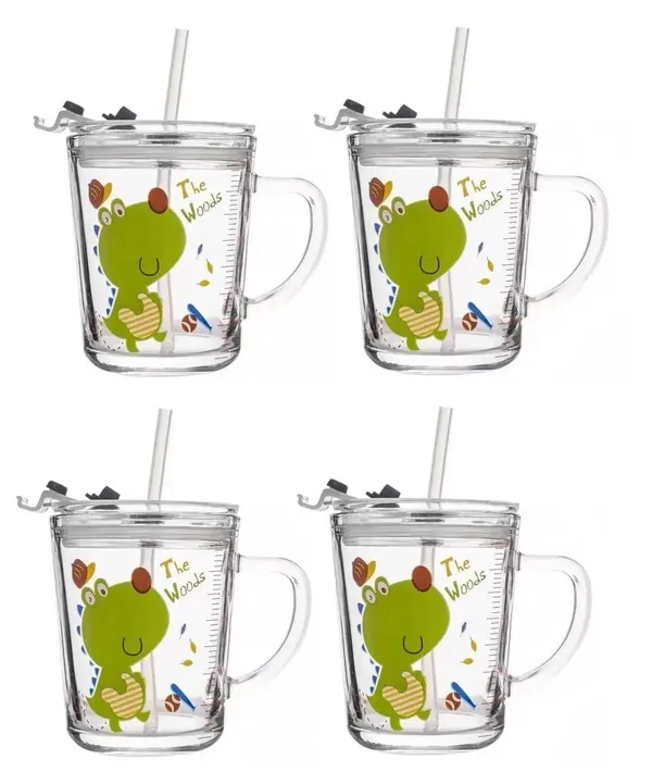 Tiptoe�_Pack_of_4,_Cute_Dino_Print_Milk_Sipper_Mug_Jar_with_Silicone_Straw_and_Airtight_Leakproof_Lid_-_Measuring_Scale_Birthday_Return_Gift_for_Kids_Boys_and_Girls_Perfect_for_Milk,Juice,Coffee