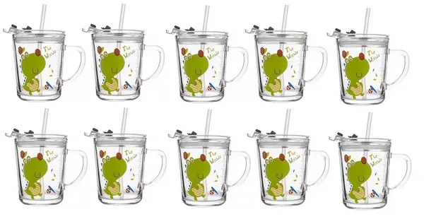 Tiptoe�_Pack_of_10,_Cute_Dino_Print_Milk_Sipper_Mug_Jar_with_Silicone_Straw_and_Airtight_Leakproof_Lid_-_Measuring_Scale_Birthday_Return_Gift_for_Kids_Boys_and_Girls_Perfect_for_Milk,Juice,Coffee