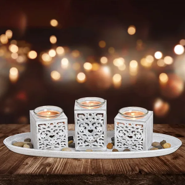Tea_Light_Holder_on_Oval_Tray_with_Stone_Decoration_and_Designs_Made_of_Wood,_tealight_Holder_Set,_Table_Decoration_in_Gift_Box,_for_3_Tea_Lights_(Without_Candles)