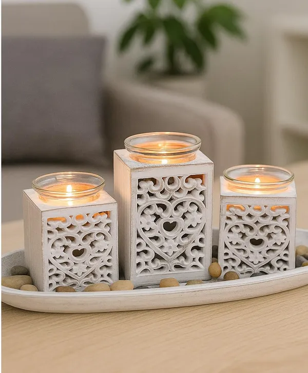 Tea_Light_Holder_on_Oval_Tray_with_Stone_Decoration_and_Designs_Made_of_Wood,_tealight_Holder_Set,_Table_Decoration_in_Gift_Box,_for_3_Tea_Lights_(Without_Candles)
