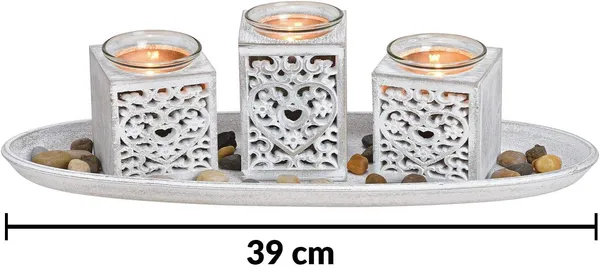 Tea_Light_Holder_on_Oval_Tray_with_Stone_Decoration_and_Designs_Made_of_Wood,_tealight_Holder_Set,_Table_Decoration_in_Gift_Box,_for_3_Tea_Lights_(Without_Candles)