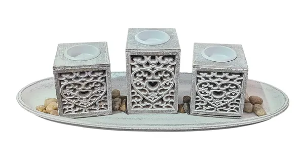 Tea_Light_Holder_on_Oval_Tray_with_Stone_Decoration_and_Designs_Made_of_Wood,_tealight_Holder_Set,_Table_Decoration_in_Gift_Box,_for_3_Tea_Lights_(Without_Candles)
