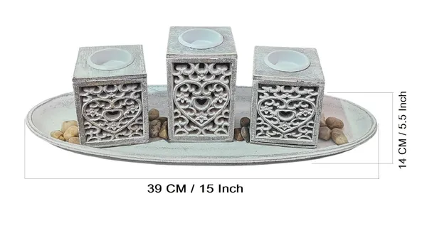 Tea_Light_Holder_on_Oval_Tray_with_Stone_Decoration_and_Designs_Made_of_Wood,_tealight_Holder_Set,_Table_Decoration_in_Gift_Box,_for_3_Tea_Lights_(Without_Candles)
