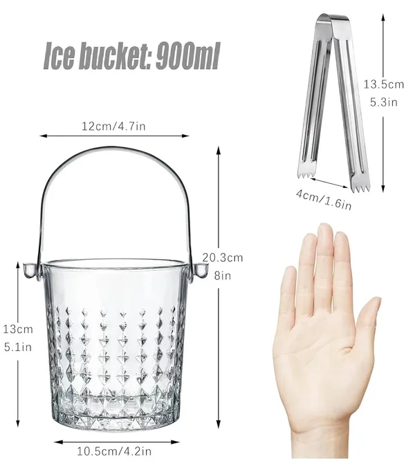 900_ML_Glass_Ice_Bucket_Wine_Cooler_Ice_Buckets_Brick_Tear_Drops_Pattern_with_Steel_Handles_and_Tong_Champagne/Wine_Beer_Cooling_Container,_Transparent