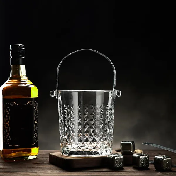 900_ML_Glass_Ice_Bucket_Wine_Cooler_Ice_Buckets_Brick_Tear_Drops_Pattern_with_Steel_Handles_and_Tong_Champagne/Wine_Beer_Cooling_Container,_Transparent