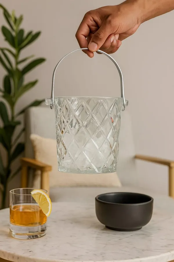 900_ML_Glass_Ice_Bucket_Wine_Cooler_Ice_Buckets_Dimond-Cut_Pattern_with_Steel_Handles_and_Tong_Champagne/Wine_Beer_Cooling_Container,_Transparent
