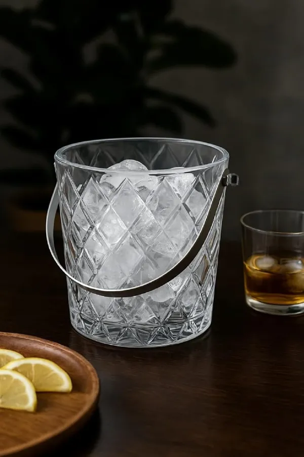 900_ML_Glass_Ice_Bucket_Wine_Cooler_Ice_Buckets_Dimond-Cut_Pattern_with_Steel_Handles_and_Tong_Champagne/Wine_Beer_Cooling_Container,_Transparent