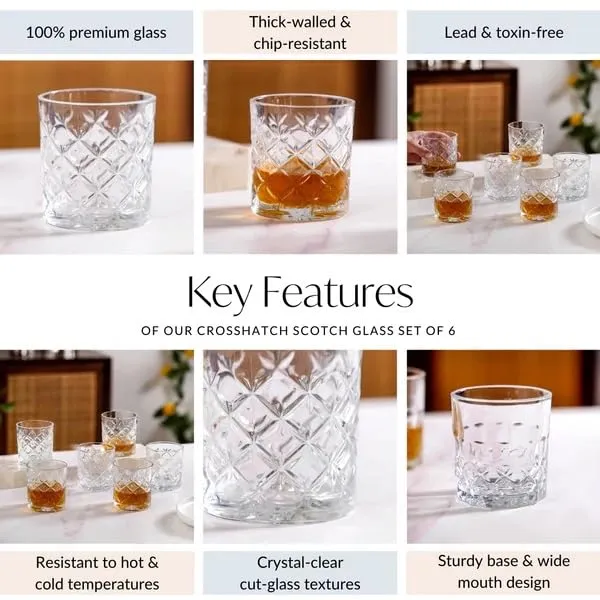 340_ML_Premium_Whiskey_Glass_Set_of_4_|_Crystal_Cut_Design_Crosshatch_Pattern_|_Ideal_for_Scotch,_Bourbon,_Whisky,_Cocktails_&_Barware