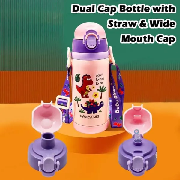 450ML_Cute_Dinosaur_Theme_Stainless_Steel_Insulted_Hot_&_Cold_Water_Bottle_with_Dual_Cap_Straw_&_Wide_Mouth_Cap_Flask_for_Kids