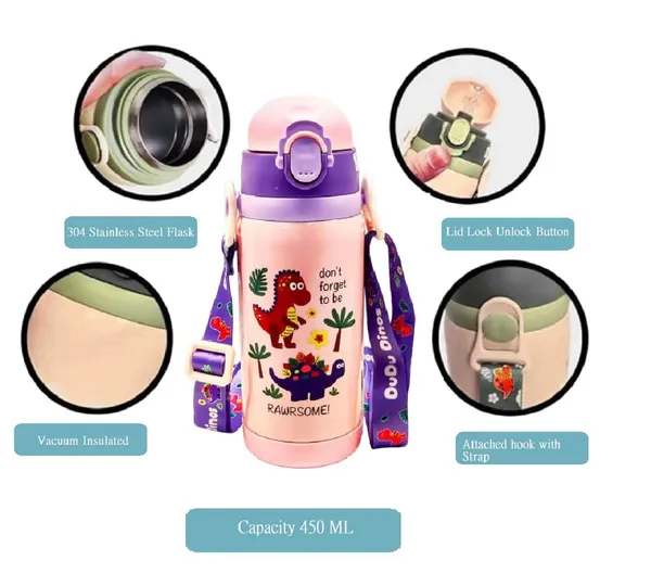 450ML_Cute_Dinosaur_Theme_Stainless_Steel_Insulted_Hot_&_Cold_Water_Bottle_with_Dual_Cap_Straw_&_Wide_Mouth_Cap_Flask_for_Kids