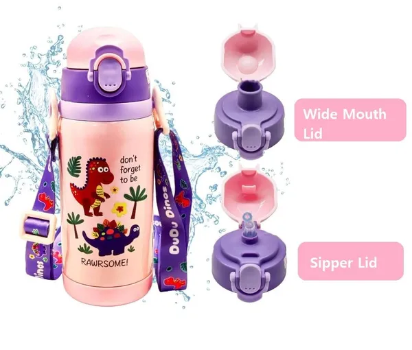 450ML_Cute_Dinosaur_Theme_Stainless_Steel_Insulted_Hot_&_Cold_Water_Bottle_with_Dual_Cap_Straw_&_Wide_Mouth_Cap_Flask_for_Kids