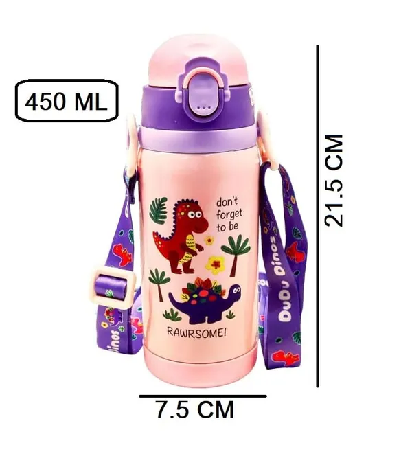 450ML_Cute_Dinosaur_Theme_Stainless_Steel_Insulted_Hot_&_Cold_Water_Bottle_with_Dual_Cap_Straw_&_Wide_Mouth_Cap_Flask_for_Kids