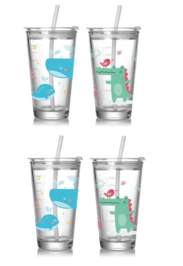 Tiptoe�_Pack_of_4,_Cute_Cartoon_Print_Glass_Sipper_Cup_with_Straw_�_470_ML_Transparent_Tumbler_for_Kids_|_Leak-Proof_Drinking_Travel_Mug,_Birthday_Return_Gift_Boys_and_Girls