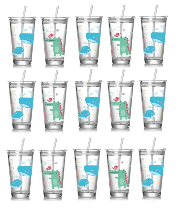 Tiptoe�_Pack_of_15,_Cute_Cartoon_Print_Glass_Sipper_Cup_with_Straw_�_470_ML_Transparent_Tumbler_for_Kids_|_Leak-Proof_Drinking_Travel_Mug,_Birthday_Return_Gift_Boys_and_Girls