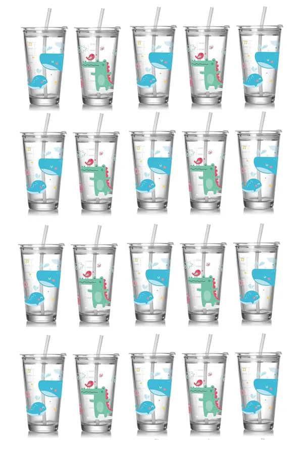 Tiptoe�_Pack_of_20,_Cute_Cartoon_Print_Glass_Sipper_Cup_with_Straw_�_470_ML_Transparent_Tumbler_for_Kids_|_Leak-Proof_Drinking_Travel_Mug,_Birthday_Return_Gift_Boys_and_Girls