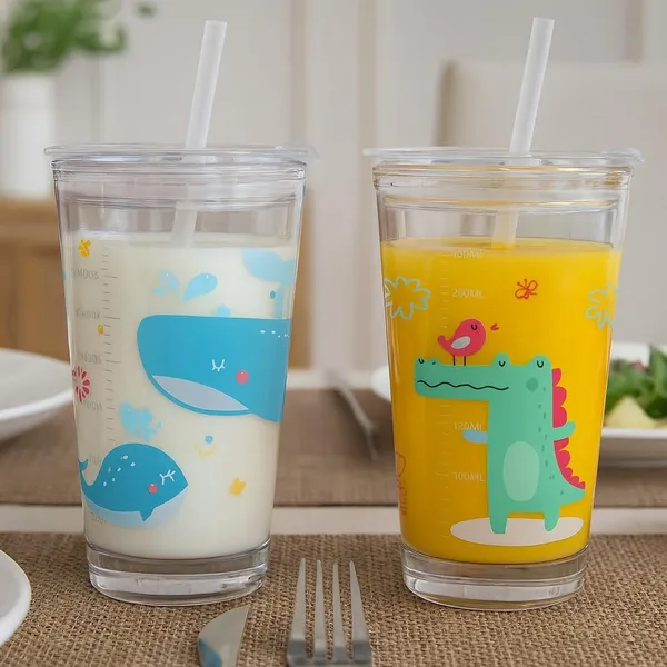 Tiptoe�_Pack_of_20,_Cute_Cartoon_Print_Glass_Sipper_Cup_with_Straw_�_470_ML_Transparent_Tumbler_for_Kids_|_Leak-Proof_Drinking_Travel_Mug,_Birthday_Return_Gift_Boys_and_Girls
