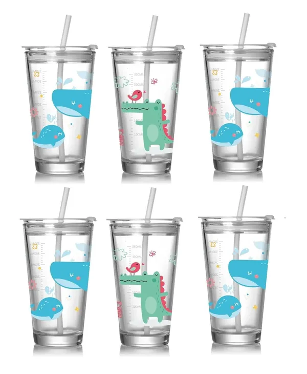 Tiptoe�_Pack_of_6,_Cute_Cartoon_Print_Glass_Sipper_Cup_with_Straw_�_470_ML_Transparent_Tumbler_for_Kids_|_Leak-Proof_Drinking_Travel_Mug,_Birthday_Return_Gift_Boys_and_Girls