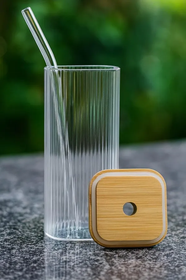 410_ML_Ribbed_Fluted_Borosilicate_Drinking_Glasses_with_Bamboo_Lid_and_Glass_Straws,_Square_Glass_Cup_Perfect_for_Detox_Water,_Cocktails,_Iced_Coffee,_Iced_Tea_and_Soda,_1_Piece