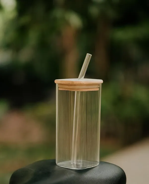410_ML_Ribbed_Fluted_Borosilicate_Drinking_Glasses_with_Bamboo_Lid_and_Glass_Straws,_Square_Glass_Cup_Perfect_for_Detox_Water,_Cocktails,_Iced_Coffee,_Iced_Tea_and_Soda,_1_Piece