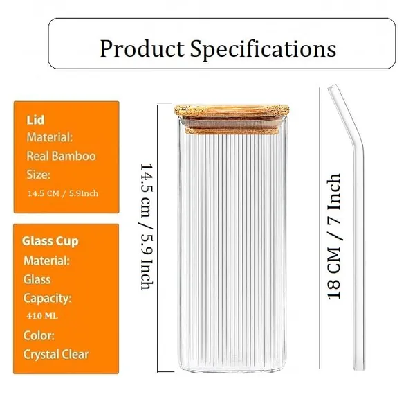 410_ML_Ribbed_Fluted_Borosilicate_Drinking_Glasses_with_Bamboo_Lid_and_Glass_Straws,_Square_Glass_Cup_Perfect_for_Detox_Water,_Cocktails,_Iced_Coffee,_Iced_Tea_and_Soda,_1_Piece