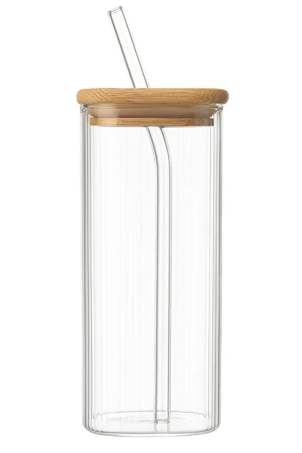 410_ML_Ribbed_Fluted_Borosilicate_Drinking_Glasses_with_Bamboo_Lid_and_Glass_Straws,_Square_Glass_Cup_Perfect_for_Detox_Water,_Cocktails,_Iced_Coffee,_Iced_Tea_and_Soda,_1_Piece