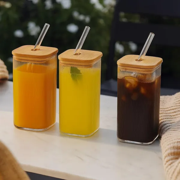 410_ML_Ribbed_Fluted_Borosilicate_Drinking_Glasses_with_Bamboo_Lid_and_Glass_Straws,_Square_Glass_Cup_Perfect_for_Detox_Water,_Cocktails,_Iced_Coffee,_Iced_Tea_and_Soda,_3_Pieces