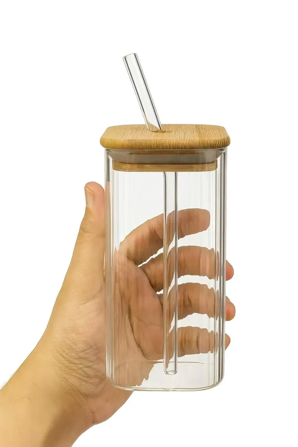 410_ML_Ribbed_Fluted_Borosilicate_Drinking_Glasses_with_Bamboo_Lid_and_Glass_Straws,_Square_Glass_Cup_Perfect_for_Detox_Water,_Cocktails,_Iced_Coffee,_Iced_Tea_and_Soda,_3_Pieces