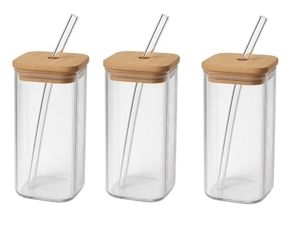 410_ML_Ribbed_Fluted_Borosilicate_Drinking_Glasses_with_Bamboo_Lid_and_Glass_Straws,_Square_Glass_Cup_Perfect_for_Detox_Water,_Cocktails,_Iced_Coffee,_Iced_Tea_and_Soda,_3_Pieces