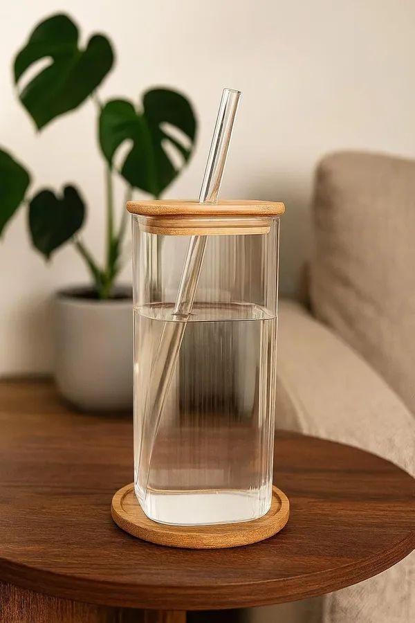 410_ML_Ribbed_Fluted_Borosilicate_Drinking_Glasses_with_Bamboo_Lid_and_Glass_Straws,_Square_Glass_Cup_Perfect_for_Detox_Water,_Cocktails,_Iced_Coffee,_Iced_Tea_and_Soda,_4_Pieces