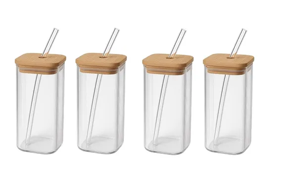 410_ML_Ribbed_Fluted_Borosilicate_Drinking_Glasses_with_Bamboo_Lid_and_Glass_Straws,_Square_Glass_Cup_Perfect_for_Detox_Water,_Cocktails,_Iced_Coffee,_Iced_Tea_and_Soda,_4_Pieces