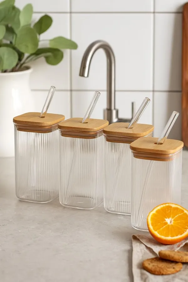 410_ML_Ribbed_Fluted_Borosilicate_Drinking_Glasses_with_Bamboo_Lid_and_Glass_Straws,_Square_Glass_Cup_Perfect_for_Detox_Water,_Cocktails,_Iced_Coffee,_Iced_Tea_and_Soda,_4_Pieces