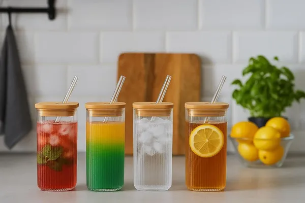 410_ML_Ribbed_Fluted_Borosilicate_Drinking_Glasses_with_Bamboo_Lid_and_Glass_Straws,_Square_Glass_Cup_Perfect_for_Detox_Water,_Cocktails,_Iced_Coffee,_Iced_Tea_and_Soda,_4_Pieces