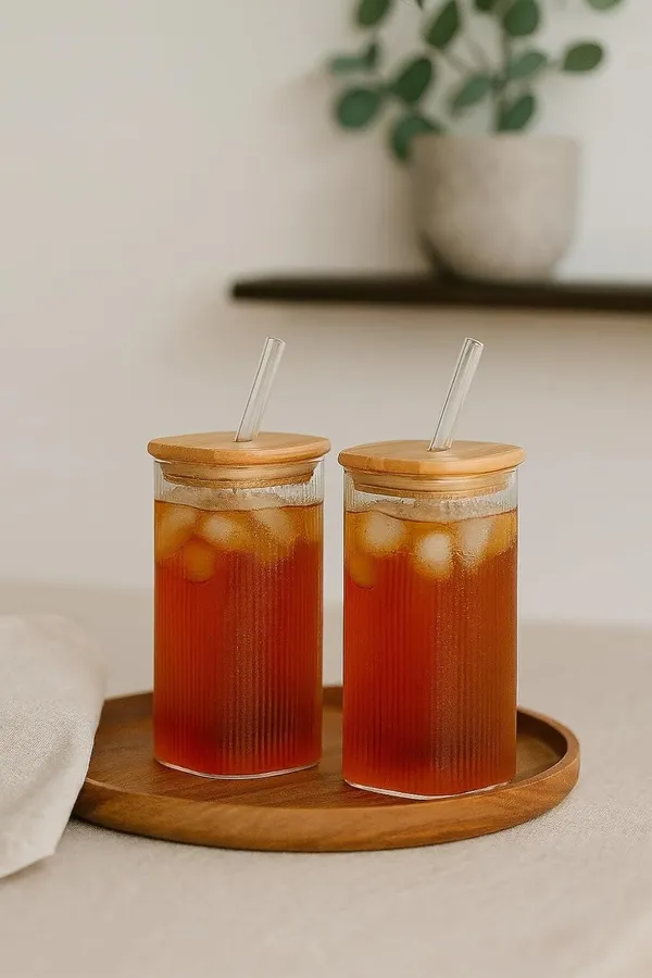 410_ML_Ribbed_Fluted_Borosilicate_Drinking_Glasses_with_Bamboo_Lid_and_Glass_Straws,_Square_Glass_Cup_Perfect_for_Detox_Water,_Cocktails,_Iced_Coffee,_Iced_Tea_and_Soda,_2_Pieces