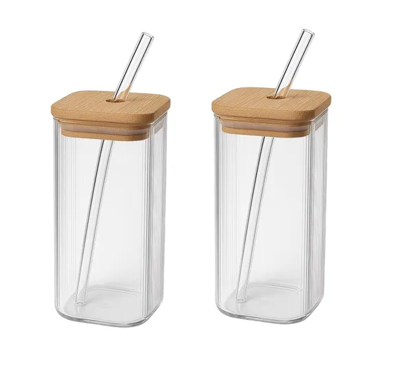 410_ML_Ribbed_Fluted_Borosilicate_Drinking_Glasses_with_Bamboo_Lid_and_Glass_Straws,_Square_Glass_Cup_Perfect_for_Detox_Water,_Cocktails,_Iced_Coffee,_Iced_Tea_and_Soda,_2_Pieces