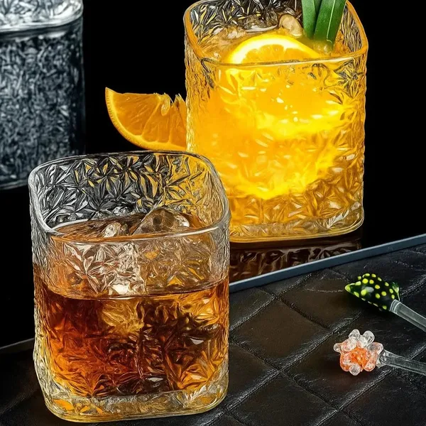 210_ML,_Premium_Square_Textured_Whisky_Glass_Set_�_Crystal_Clear_Glasses_for_Whisky,_Cocktails,_Juice_&_Drinks_�_Elegant_Old_Fashioned_Tumblers_for_Home_&_Bar_(Set_of_2)