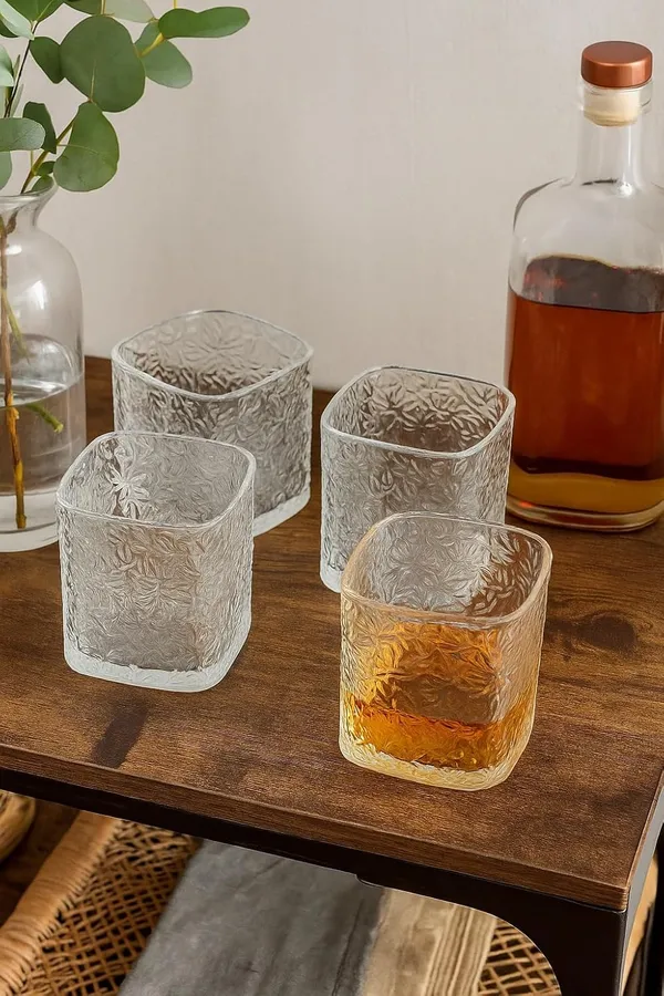 210_ML,_Premium_Square_Textured_Whisky_Glass_Set_�_Crystal_Clear_Glasses_for_Whisky,_Cocktails,_Juice_&_Drinks_�_Elegant_Old_Fashioned_Tumblers_for_Home_&_Bar_(Set_of_4)